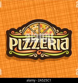 Logo Vector pour pizzeria italienne, dark pancarte pour pizzeria avec 4 tranches de morceaux différents types de four pizza Vue de dessus, de caractère original pour Word Illustration de Vecteur