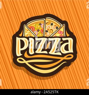 Logo Vector pour pizza italienne, signe sombre avec 4 différents types de pièces en tranches de pizza pizzeria, caractère original pour mot, pizza signboar design Illustration de Vecteur