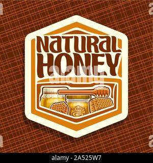 Logo Vector pour miel naturel, signe avec nid d'abeille hexagonale, balancier en bois stick, bocal de verre et pot de miel papier couvert pac, étiquette pour packa Illustration de Vecteur