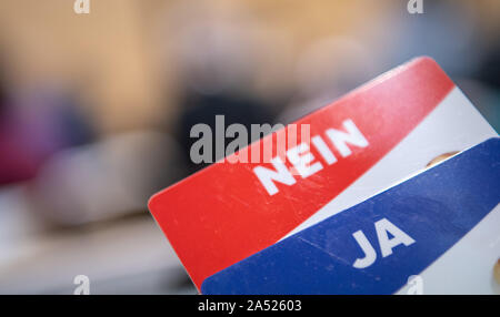 Stuttgart, Allemagne. 16 Oct, 2019. Carte de vote sera sur une table pendant la 100e session du Landtag de Bade-Wurtemberg. Crédit : Sébastien Gollnow/dpa/Alamy Live News Banque D'Images