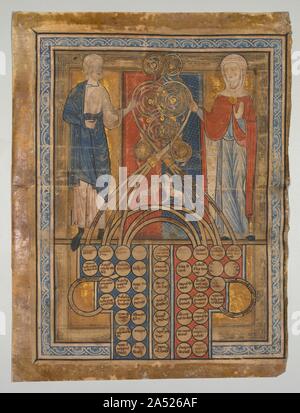 Feuille unique : Table de consanguinité, ch. 1200. Les diagrammes de consanguinité ont été utilisées pour démontrer le degré de parenté entre un individu et son "sang" relations. Ces tableaux ont suivi une tradition datant de l'an 600. Jusqu'à la loi de l'église a été assoupli en 1215, un mariage ne peut être contracté par des personnes séparées par sept degrés de relation. Après 1215 le degré de séparation a été réduit à quatre. Tableaux de consanguinité ont donc été utilisées par des officiels de l'église pour prouver ou réfuter des bars au mariage. Banque D'Images