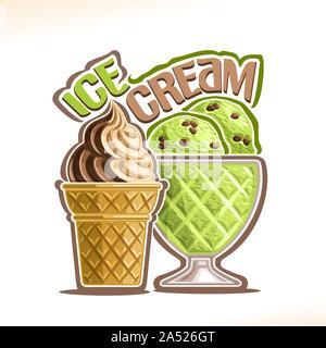 Illustration Vecteur de glace naturelle, crème molle avec l'affiche de chocolat crémeux icecream en cornet gaufré, vert menthe glaces italiennes avec choco chips Illustration de Vecteur