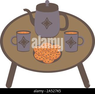 Une table avec des tasses de thé ou café, une bouilloire et une assiette de biscuits. Illustration de l'alimentation sur fond blanc cartoon Illustration de Vecteur