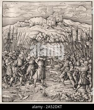 La bataille contre la compagnie bleu, 1512-1518. Cette gravure sur bois représentant une campagne militaire est une illustration pour Der Weisskunig, ou le roi blanc, une autobiographie de l'Empereur Maximilien I (règne 1486-1519). Rédigé en allemand, le livre prend la forme d'un roman courtois avec armored chevaliers. Le héros, Maximilien, est le roi blanc. Le bleu roi et son parti représenter la France. Maximilien fut le premier prince de la Renaissance à utiliser largement l'impression d'images et textes de cultiver son autorité et diffuser son idéologie. Der Weisskunig est l'un des nombreux projets d'impression Banque D'Images