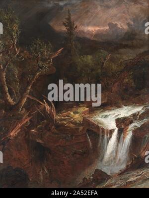 Le clou de girofle - une scène de tempête dans les monts Catskill, 1851. Dans cette forte représentation de l'American wilderness, vent et pluie ravager le paysage comme les éclairs au loin. Les couleurs sombres et Francis Towne traitées environ créer peinture un inquiétant ton qui souligne l'immense puissance de la tempête. A droite, un chasseur indien s'accroupit à côté d'un arbre et regarde, impuissants, le cerf il a juste tourné dévale une chute de la cascade, ce qui renforce le thème de la supériorité de la nature sur l'homme. L'artiste était un fervent adepte de la Hudson River School fondateur Thomas Cole, dont le poème "Storm i Banque D'Images