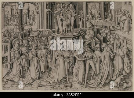 La danse à la Cour d'Hérode, ch. 1500. Les principaux épisodes de l'histoire de Salomé&# x2014;la Décollation de Saint Jean le Baptiste et la présentation de la tête coupée par Salome à Hérode&# x2014;sont reléguées dans des les coins supérieurs gauche et droit de la composition. Dans une nouvelle inversion de la narration du Nouveau Testament, la danse de Salomé et le joyeux groupe de patriciens effectuant une danse de cour sont placés au premier plan. De gauche à droite, le trio joue un tuyau incurvé, cornet, Tabor, et faites glisser la trompette. Banque D'Images