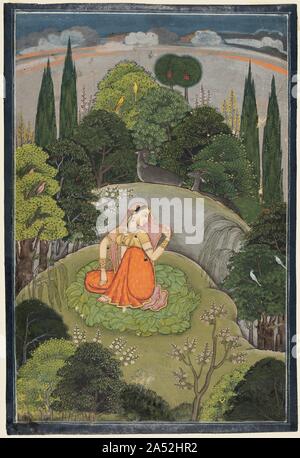 L'héroïne qui attend impatiemment son amant absent (Utka Nayika), ch. 1760-1765. Dans le paysage vallonné et verdoyant tout autour d'elle, les oiseaux et les animaux sont tous en couples&# x2014;même beaucoup d'arbres ont doubles&# x2014;mais elle reste seul, attendre sur un lit de feuilles de son amant pour arriver. Elle n'a aucun moyen de savoir quand il viendra, comme le dévot n'a aucun moyen de savoir quand Dieu arrivera et apporter le salut et la félicité. Banque D'Images