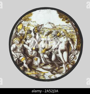 Le jugement de Paris, ch. 1510-1520. Hermes éveille le berger pâris lui remettre la pomme d'or, qu'il est à présent à la plus belle des trois déesses : Vénus (premier plan), Juno, ou Minerva. Le groupe a été produite à l'aide d'un composé d'oxyde d'argent, qui, en cas d'application sur le verre et ensuite dans un four, transformé en une tache jaune translucide. Les effets des différents pigments et d'ombrages nécessaire tirs subséquents. Banque D'Images