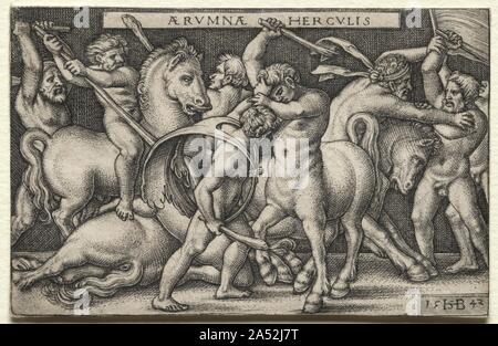 Les travaux d'Hercule Hercules : vaincre les centaures, 1542. Beham a été l'un des graveurs d'Allemand parlé aujourd'hui comme le "petit maître." Ils ont établi leur prouesse artistique remarquable gravure en petits tirages, faisant appel aux collectionneurs fasciné avec des objets miniatures et de curiosités. Ici, Beham a paniers 12 grandes histoires de vie le puissant Hercule en petits tirages. La série comprend trois des 12 travaux Hercules effectué comme pénitence pour tuer ses enfants dans un accès de folie : étranglant le lion de Némée , tuant les Lernean Hydra , et en faisant glisser le CER Banque D'Images