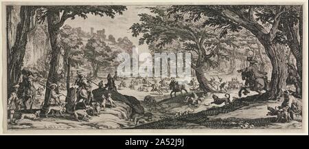 La grande chasse, 1619. Jacques Callot (Français, 1592-1635) La grande chasse, la gravure 1619 Don de Margaret Crile Garretson, à la mémoire de Hiram Garretson 1970.342 Callot est connu pour deux importantes inventions dans la gravure. Il a conçu un trait oblique, de forme ovale, d'un embout en acier outil de gravure appelé un &# xe9;choppe qui est utilisé pour imiter les lignes obliques et le gonflement d'une gravure. Il a également développé un sol dur (un revêtement résistant à l'acide pour graver des plaques), composé de mastic et de l'huile de lin, qui ont résisté à l'écaillage. L'œuvre de Callot a été grandement influencé par la conception des théâtres. Son organisation de l'espace Banque D'Images