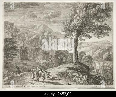 Le grand arbre et la Cascade, ch. 1652-1654. Cette série par Herman Swanevelt, La Fuite en Égypte, illustre un événement du Nouveau Testament de la Bible. Joseph, Marie, et le Christ s'enfuit en Égypte pour échapper à la persécution du roi Hérode. Traditionnellement représentée comme une seule image, Swanevelt grande l'histoire en quatre scènes. La sainte famille est présentée pour la première fois voyager avec trois anges derrière eux, puis Joseph Marie permet de désactiver l'âne, Joseph suivant l'âne conduit à l'eau comme Mary change l'enfant et, enfin, la famille est au repos. Cependant, l'objectif principal de chacune de ces gravures est l'depic Banque D'Images