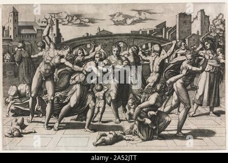 Le Massacre des Innocents (sans le sapin), ch. 1513-1515. Raphael&# x2019;s choix de sujet pour cette impression peut être une stratégie délibérée visant à promouvoir lui-même comme Michelangelo&# x2019;s rival à l'invention de compositions complexes dans le populaire style ancien. La scène représente la suite d'Hérode&# x2019;s l'ordre à la suite de la naissance du Christ de massacrer tous les enfants mâles de deux ans ou moins dans la région de Bethléem. Un sujet fréquent dans l'art, elle a offert un moyen d'artistes inventent une variété de mâle actif et des figures féminines, et de présenter un éventail d'émotions tels que Banque D'Images