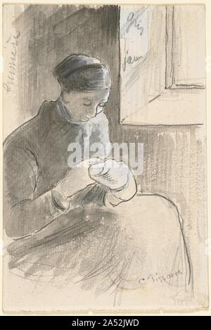 L'Mender, ch. 1881. Contrairement à Cassatt et Degas, Pissarro s'émancipent de la ville et la bourgeoisie pour la majeure partie de sa carrière, au lieu de faire la campagne et ses habitants l'objet de son art. son mariage en 1871 à Julie Vellay, fille de paysans pauvres, et leur vie de lutte financière avec huit enfants dans le petit village de Pontoise, lui firent sympathiques à la détresse de la vie rurale. Il a souvent représenté les femmes couture, souvent en plein air, ou assis à côté d'une fenêtre, comme on le voit ici. L'effet de lumière naturelle éclairant son sujet, comme indiqué par la mention "lumi&# xe8;r Banque D'Images