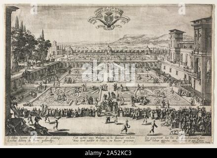 Les Jardins du Palais, à Nancy, en 1625. Jacques Callot (Français, 1592-1635) Les Jardins du Palais, à Nancy, en 1625 l'indemnité de Elisabeth Gravure Collection Prentiss par échange 65,232 Callot's etching montre l'aspect du jardin au palais ducal de Nancy en 1625. Des figures féminines portant des paniers sur leurs têtes sont illustrés de façon à ce que les eaux-fortes de Bellange de jardiniers, de fantaisistes ornés d'équilibrage les conteneurs doivent avoir été fondée sur la réalité. Banque D'Images