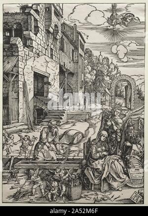 Le repos en Egypte, ch. 1501-1502. Ces huit gravures sur bois (1959.99.15) les progrès de Gabriel&# x2019;s'annonce à Marie qu'elle allait porter le Fils de Dieu, pour les événements de sa maternité précoce et au-delà. Ceci inclus la joie de partager sa grossesse avec sa cousine Elisabeth, Jésus&# x2019;s la naissance, et l'arrivée ultérieure des mages. Après Jésus&# x2019;s la circoncision et la présentation au temple de la Sainte Famille s'enfuit en Égypte pour éviter Hérode et y est resté pendant plusieurs années. Ce qui semble hors de l'endroit dernière scène montre un aperçu de leur vie quotidienne dans l'Égypte comme Joseph continue son ca Banque D'Images