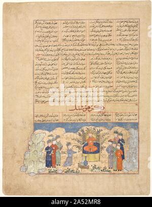 L'histoire de Hushang (recto), illustration et texte (prose) à partir de la Perse al-Tavarikh Majmac (un recueil d'histoires) de Hafiz-i ; Echelles Page Texte persan, prose, (verso), al-Tavarikh de Majmac (un recueil d'histoires) de Hafiz-i Echelles, au début des années 1400. Ces deux pages sont d'un manuscrit qui était de toute évidence rédigé et illustré pour la bibliothèque (à Herat) du roi timouride Shah Rukh, le fils de Timur (Tamerlan). Le Majma al-Tawarikh retracé l'histoire du monde, en commençant par les prophètes de l'Ancien Testament jusqu'au règne de Shah Rukh. Banque D'Images