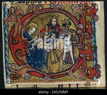 Trois des boutures sur un missel : C initial avec l'Adoration des Mages, ch. 1470-1500. Ces trois boutures sont éclairées dans un style qui est un peu difficile à localiser et provinciale. Les chiffres se rapportent à la fin du 15e siècle gravure sur bois allemande illustration, mais aussi rappeler vaguement sculpture franconienne et Saxon peinture. Les chiffres sont tout simplement, si charmante, ébauché dans l'encre noire lourde avec peu d'attention à la finesse de détail ou en ligne. La palette est limitée à des tons de rouge, bleu et ocre avec des tons chair soit gauche blanc ou de couleur rose. Le style fait allusion à une origine dans Franconi Banque D'Images