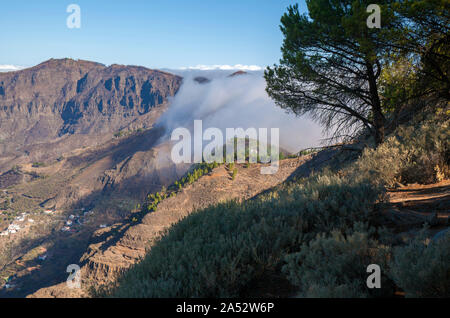 Gran Canaria, octobre, les nuages qui se jettent dans la Caldera de Tejeda de la droite sur le col de montagne Cruz de Tejeda, falaises de Los Moriscos touchés par wildfir Banque D'Images