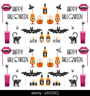 Halloween Party 2020 Vector illustration inscription Halloween party, verre, bouteille, spider, crâne, chauve-souris, la bouche de vampire masque, chapeau de sorcière, chat, bougies, Illustration de Vecteur