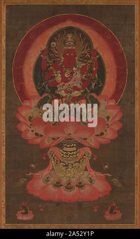 Roi de sagesse Aizen Myoo Passion, 1300s. Cette peinture représente la divinité de la sagesse bouddhiste, roi d'Aizen Myoo Passion, qui convertit en un carnal lust désir d'illumination. Représenté avec un corps rouge et six bras, Aizen Myoo est entourée d'une auréole flamboyante&# x2014;Ou mandorle&# x2014;et s'assied sur un lotus soutenue par un vase d'où la flamme, débit qui souhaitent des bijoux. Cette représentation médiévale d'Aizen Myoo transmet la palette de couleurs, la complexité de conception, de fines lignes, de travail et de l'utilisation de cut or qui caractérisent le plus célèbre 14e siècle peintures Bouddhistes Japonais. Banque D'Images