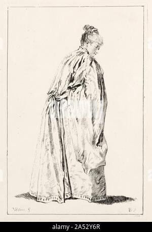 Femme debout. L'un des plus somptueux hommages à la mémoire de Jean-Antoine WATTEAU (1684-1721) a été la publication de quatre volumes de plus de 600 copies (1726-35) après toutes les peintures et dessins connus par le maître. Boucher a été l'un des graveurs qui ont travaillé sur le projet, ce qui lui permet d'étudier le dessin de Watteau, l'une des plus importantes leçons du début de sa carrière. Banque D'Images