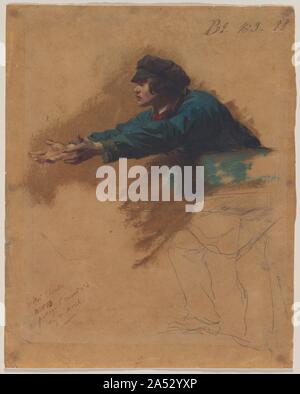 Jeune homme se penchant en avant avec les bras tendus (Étude pour les soldats de distribuer du pain aux pauvres), ch. 1851. Ce croquis inachevé est une étude pour la pils est perdu soldats peinture distribuant du pain aux pauvres , qui a été inspiré par une scène réelle il a été témoin dans le centre de Paris. Ici l'artiste a porté son attention sur le haut du corps et les jambes gauche esquissé à l'légèrement, indiquant qu'il doit avoir exécuté le croquis après il avait déjà travaillé sur l'ensemble de la composition (où les jambes sont cachés par un mur bas). Banque D'Images