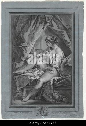 Jeune femme assise sur un lit, 1764-1767. Cette page imprimer fonctionne comme un dessin clair-obscur : dark énonce et les ombres avec de blanc sur papier aux teintes spécialement. Plus tard dans cette édition de l'imprimer, capot modifié le drap de lit de sorte qu'il est discrètement à travers la femme&# x2019;s à la cuisse. La version antérieure sur l'affichage à proximité, imprimé à l'encre rouge, est moins modeste. Banque D'Images