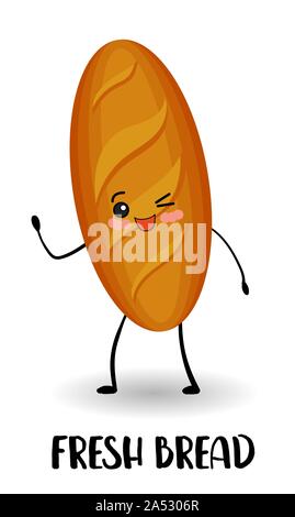 La Baton. Pain Long. Mignon petit personnage de dessin animé produits de boulangerie avec les bras et les jambes. Illustration de Vecteur
