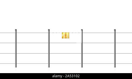 Clôture électrique avec attention, avertissement de choc électrique. Illustration extensible transparente sur fond blanc. Banque D'Images