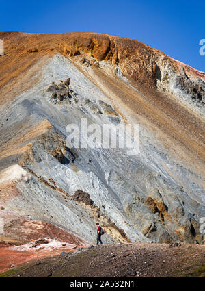Randonneur dans Landmannalaugar Brennisteinsalda au sommet de Crête, de l'Islande Banque D'Images