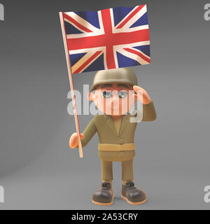 Fier soldat de l'armée américaine salue tout en portant le drapeau britannique, l'illustration 3D render Banque D'Images
