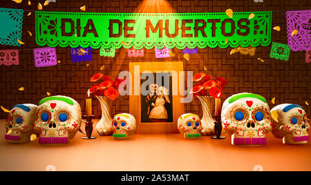 Le Jour des morts ofrenda mexicain avec une image et plusieurs crânes de sucre candy. Banque D'Images