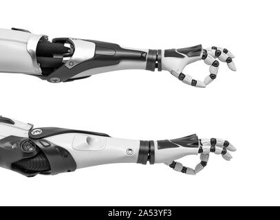 Le rendu 3d de deux doigts de la main avec les bras du robot en geste de retour ok et à l'avant de la paume. Banque D'Images