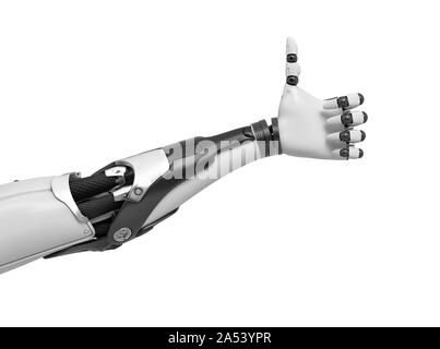 Le rendu 3D d'une main robotique en noir et blanc rendant thumbs-up l'approbation de geste. Banque D'Images