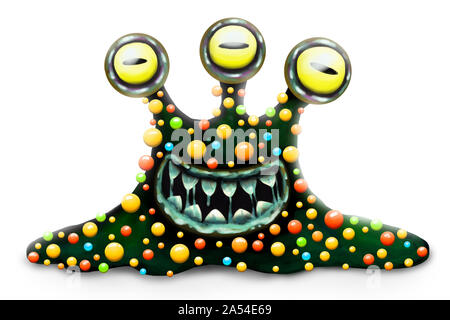 Drôle et effrayant monstre bactérie, caricature héros jouet pour enfants pour Halloween, isolé sur fond blanc. Crasseux, sobriété, de nombreux yeux de caractère. Banque D'Images