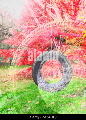 Arrière-plan de l'automne l'exposition double pittoresque avec orange et rouge les feuilles des arbres d'érable japonais (Acer palmatum) et éparpillées sur l'herbe sur une fille au Banque D'Images