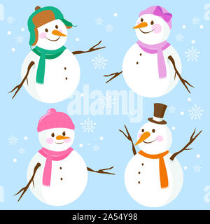 Personnages de dessins animés de bonhommes de neige avec chapeaux et foulards d'hiver. Collection de bonhomme de neige hiver mignon. Banque D'Images