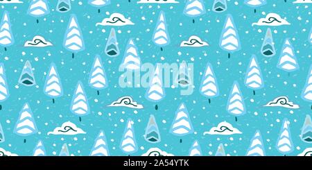 Forêt d'hiver douillet avec motif de noël faites à la main line art house et doodle cloud dans des tons bleu et glacé sur fond texturé. Happy design pour votre parfaite journée d'hiver et de noël. Illustration de Vecteur