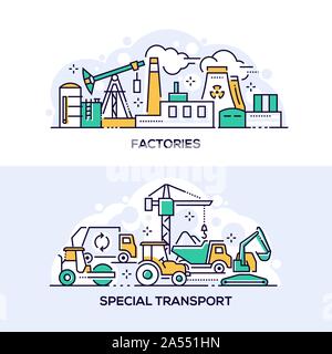 Les usines et les transports spéciaux modèle de page linéaire Illustration de Vecteur