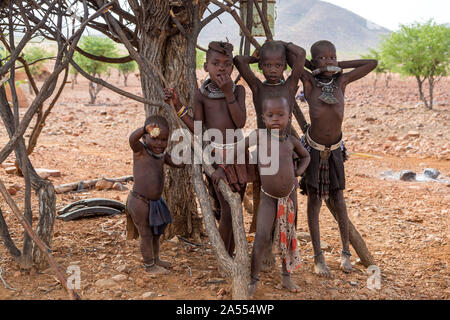 Un groupe d'enfants Himba debout à côté d'un arbre, Kaokoland, Namibie, Afrique du Sud Banque D'Images