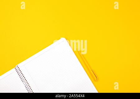 Ordinateur portable sur un fond jaune, vue du dessus, les plans pour l'année 2020, résultats, stylo jaune, fond élégant pour votre conception. Banque D'Images