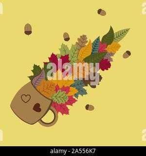 Les feuilles d'automne et de glands déverser d'une image de couleurs mug couché Illustration de Vecteur