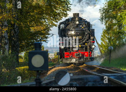 Charleston, en Allemagne. 10 Oct, 2019. Une locomotive à vapeur du Chemin de fer à voie étroite Zittau traverse le paysage d'automne. Depuis 1890, l'Amsterdam de fer à voie étroite a été le transport de passagers de la plus petite chaîne de montagnes basses en Allemagne. Le train passe entre la ville de Zittau et les destinations d'excursion et Jonsdorf Oybin. Le chemin de fer exerce ses activités dans le triangle des frontières à la frontière avec la République tchèque et la Pologne. Crédit : Patrick Pleul/dpa-Zentralbild/ZB/dpa/Alamy Live News Banque D'Images