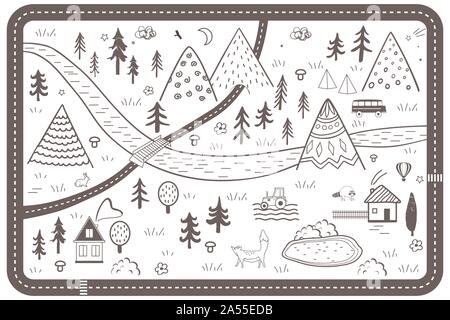 Cute Vector scandinave dessiné à la main avec motif transparent des maisons, les animaux, les arbres, et les montagnes. Contours nature paysage. Parfait pour les enfants tapis route Illustration de Vecteur