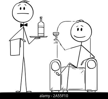 Vector cartoon stick figure dessin illustration conceptuelle de l'homme riche assis dans un fauteuil ou une chaise, avec verre à la main et son serviteur ou en valet debout près et tenir la bouteille sur bac. Illustration de Vecteur