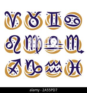 Vector set de signes du zodiaque, collection de 12 symboles calligraphiques astrologie avec étoile pour prédire l'horoscope sur fond blanc, original de la dra Illustration de Vecteur