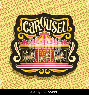 Logo vector for children's Carousel, dark signer avec merry go round attraction avec chevaux en parc d'origine, caractère brosse pour mot carousel Illustration de Vecteur