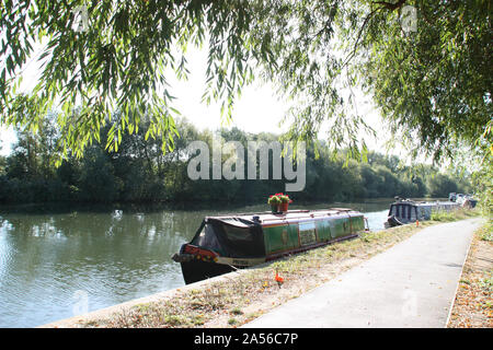 Bateau Canal vert avec des fleurs sur la Tamise à Oxford Banque D'Images