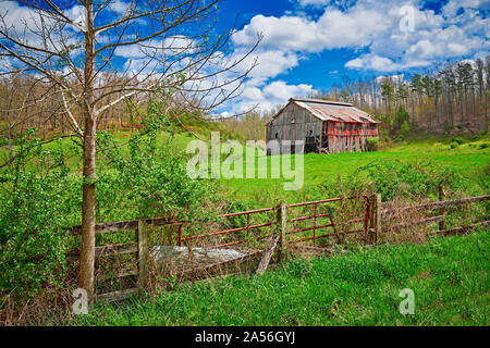 Old Kentucky grange avec barrière, et d'arbres au premier plan. Banque D'Images