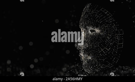 Visage humain composé de lignes et points lumineux. 3D illustration sur fond noir Banque D'Images